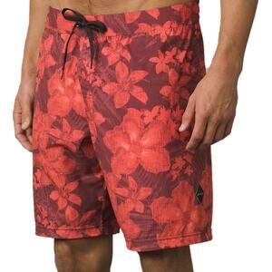 Prana Asym E-Waist Board Short 9" UPF 50+ Liner Drawstring Floral Tropical Red M